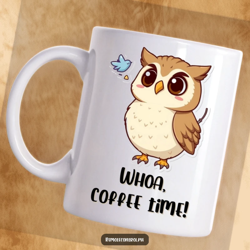 Funny mug featuring a surprised owl holding a remote, looking intently at a mysterious flying symbol in the sky.