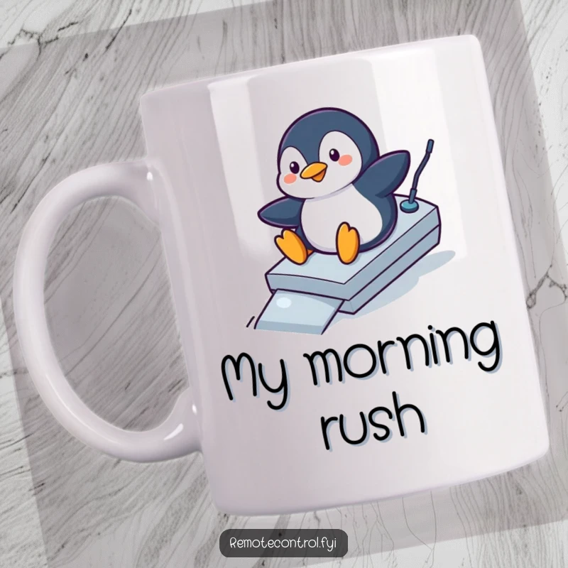 Funny penguin mug showing a playful penguin sliding down a remote control like a ramp, a hilarious action scene.