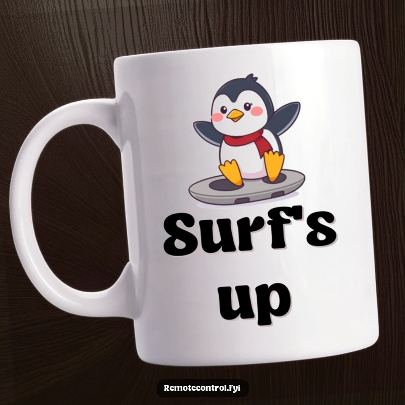 Funny determined penguin sliding on a remote control pretending it's a surfboard. Action-packed funny mug.