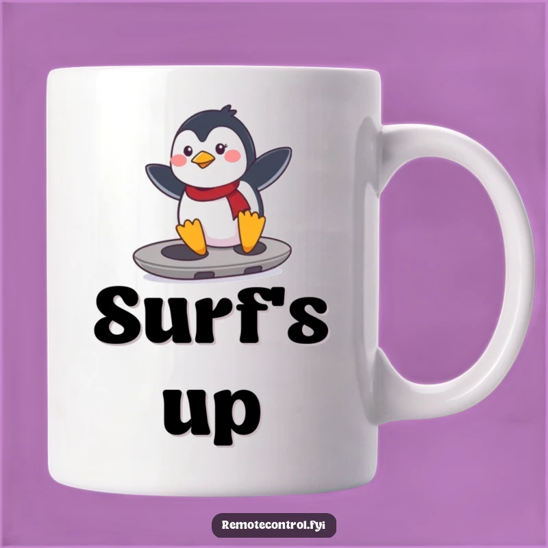 Funny Penguin Remote Surfer Mug: Determined penguin shredding on a remote, a perfect funny gift.