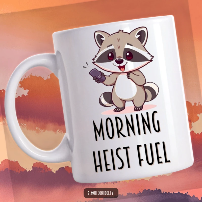 Funny raccoon character slyly attempting to steal a TV remote on a mug, depicting a humorous scene of nighttime larceny.