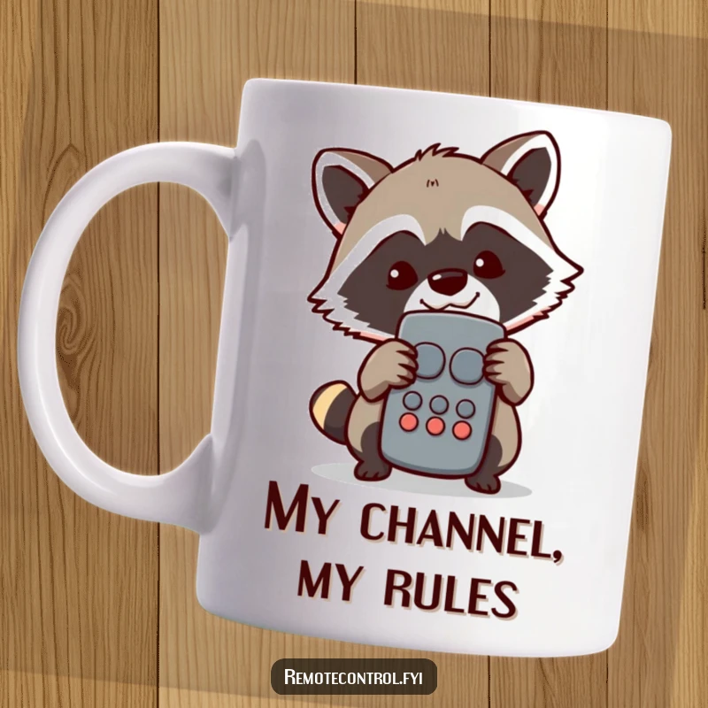 Funny Raccoon Mug: Mischievous raccoon peeking from behind a TV remote, sporting a cheeky grin, ready to control the channel.