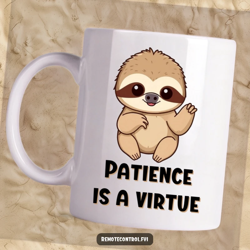 Funny content sloth slowly pushing a button with a single finger, depicted on a humorous mug.