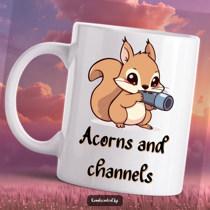 Funny kawaii squirrel with mischievous eyes aiming a remote control on a coffee mug.