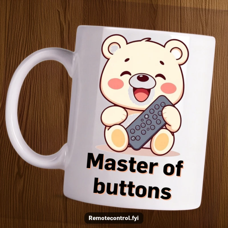 Funny Kawaii Bear Mug: A grinning bear holding a remote control with numerous buttons, exuding joy and control.