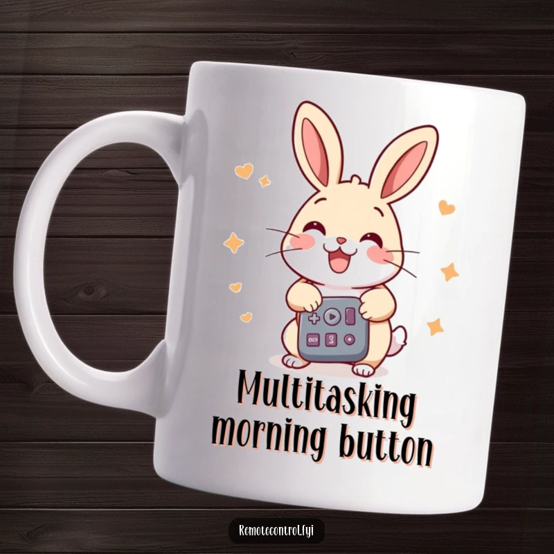 Funny rabbit mug, a cheerful rabbit energetically pressing multiple buttons on a remote control with a smile, perfect gift.