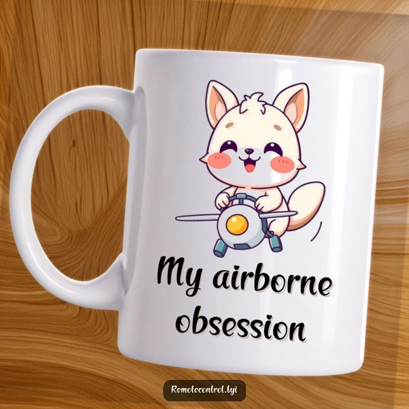 Funny mug of a happy animal character focused with joy while controlling a flying toy, embodying playful mastery.