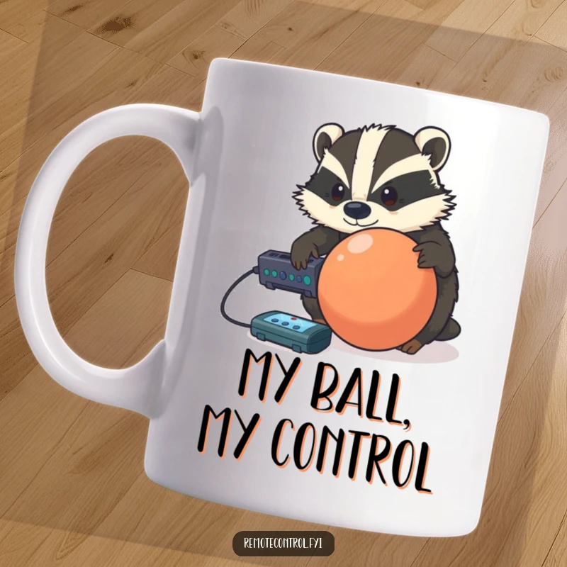 Funny determined badger focused on controlling a rolling ball with a remote, depicted on a humorous mug.