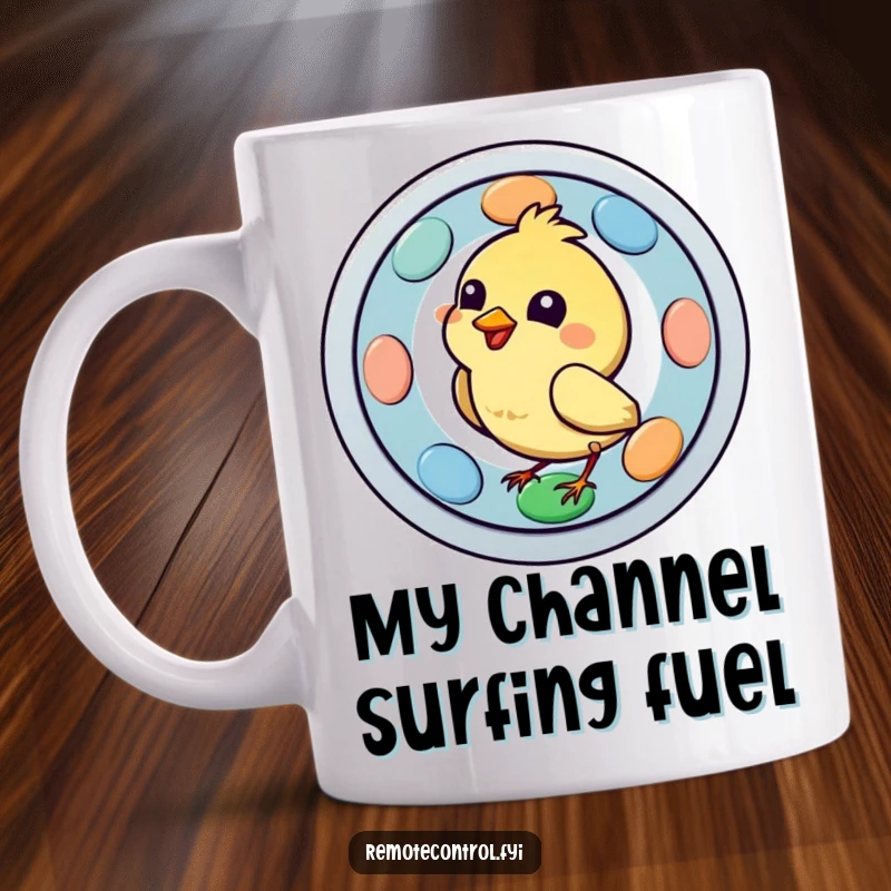 Funny bird character intensely pecking a big, colorful remote button on a mug, expressing comedic joy and controller obsession.