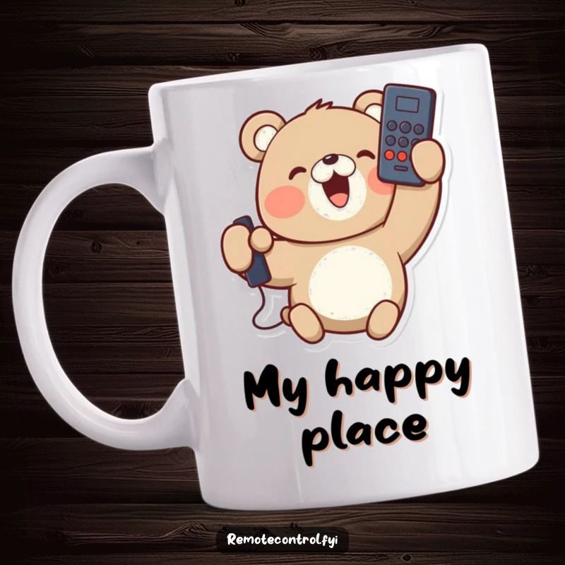 Funny mug with a delighted bear character holding a remote control upside down with a big, goofy smile. This design captures pure relaxation.
