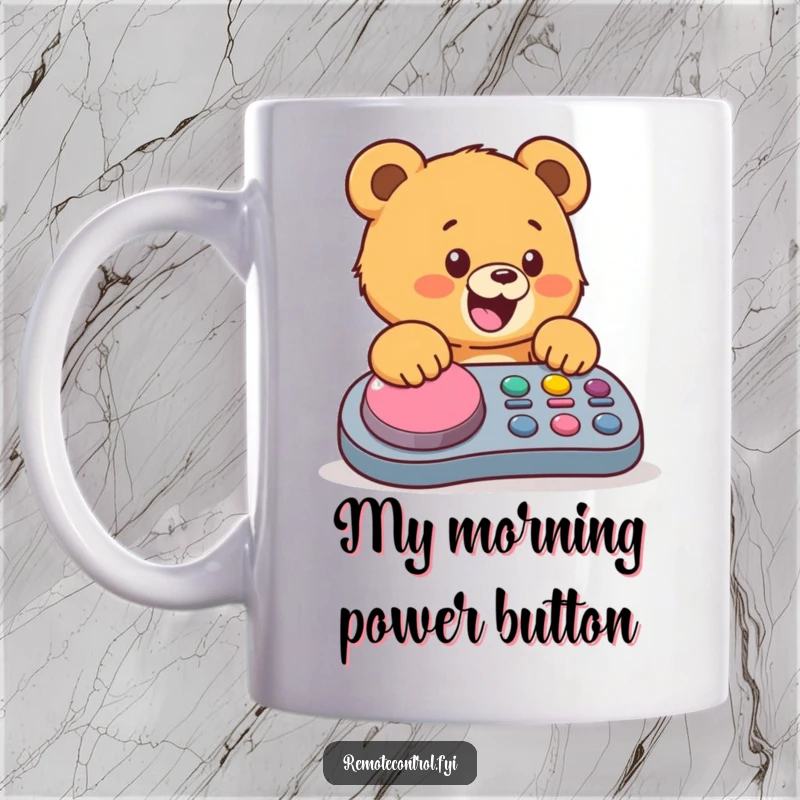 Funny bear cub mug with a happy expression, excitedly mashing a giant colorful button on a remote control, perfect gift.