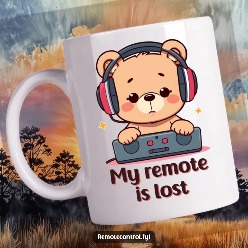 Funny mug showing a playful bear with big headphones, intensely focused on a TV remote, embodying ultimate relaxation and control.