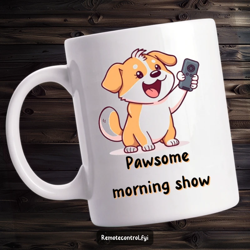 Funny excited dog mug: a happy dog with a furiously wagging tail holds a remote control triumphantly.