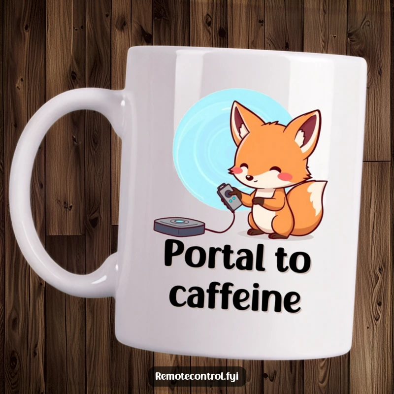 Funny fox mug, a curious fox holding a remote control, pointing it at a swirling portal, evoking mystery and wonder.