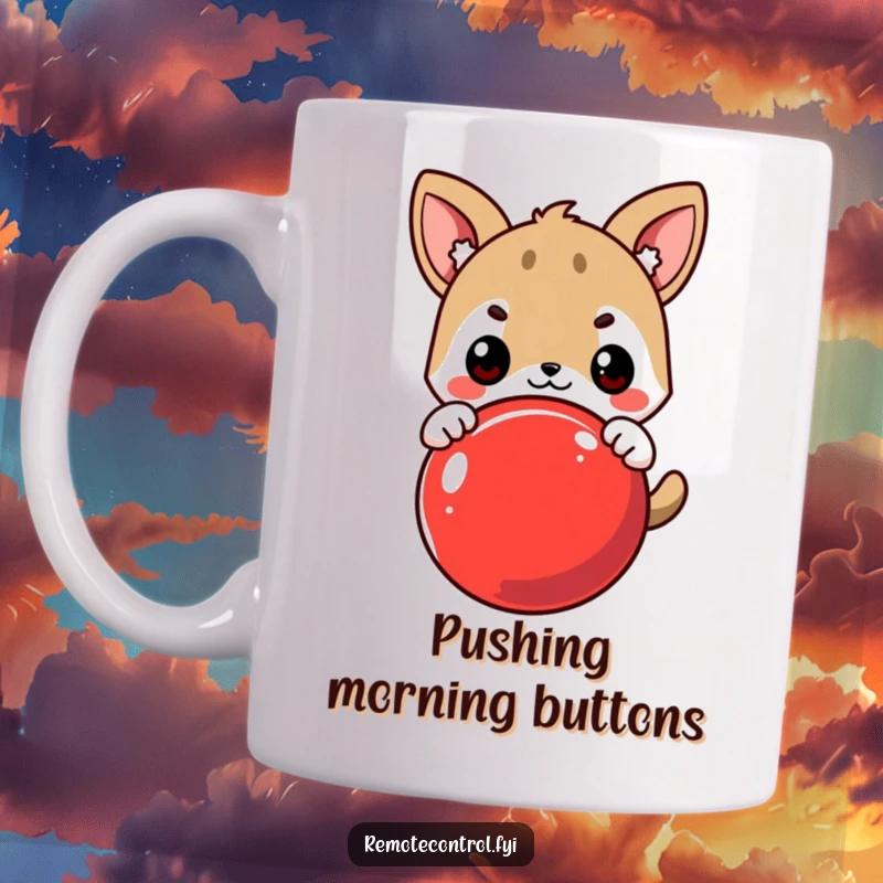 Funny Mug: Cute Animal Character Eagerly Pressing a Large Red Button with Determined Expression, Symbolizing Action and Humor.