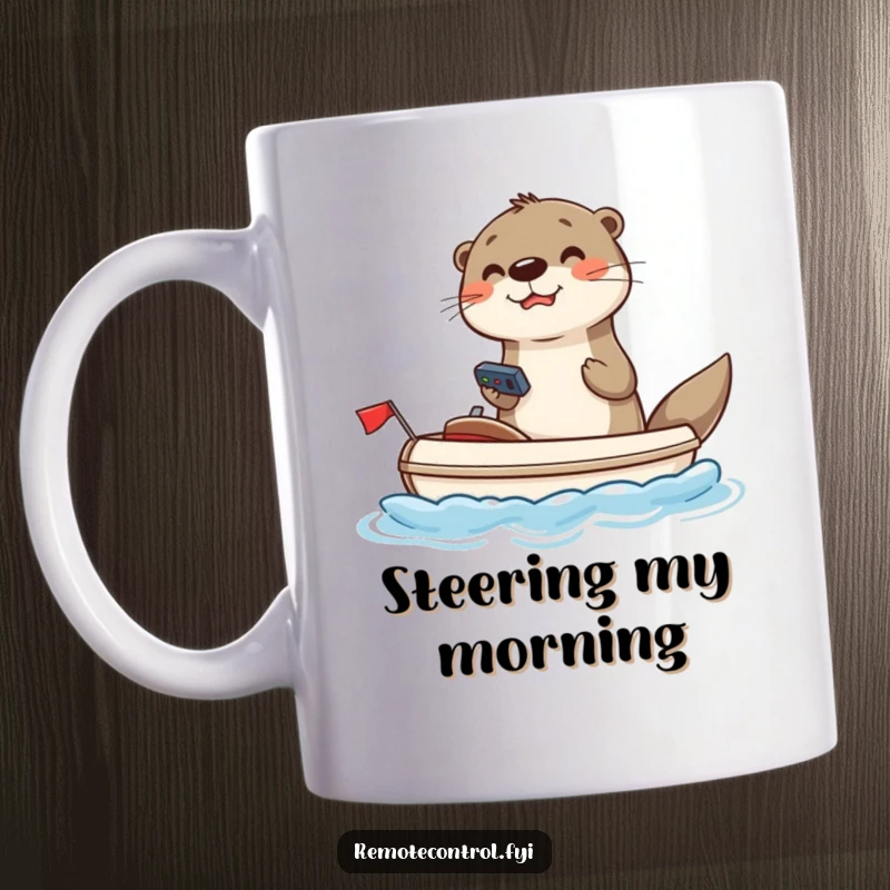 Funny otter mug showing a joyful otter using a remote to steer a toy boat, a hilarious water play scene.