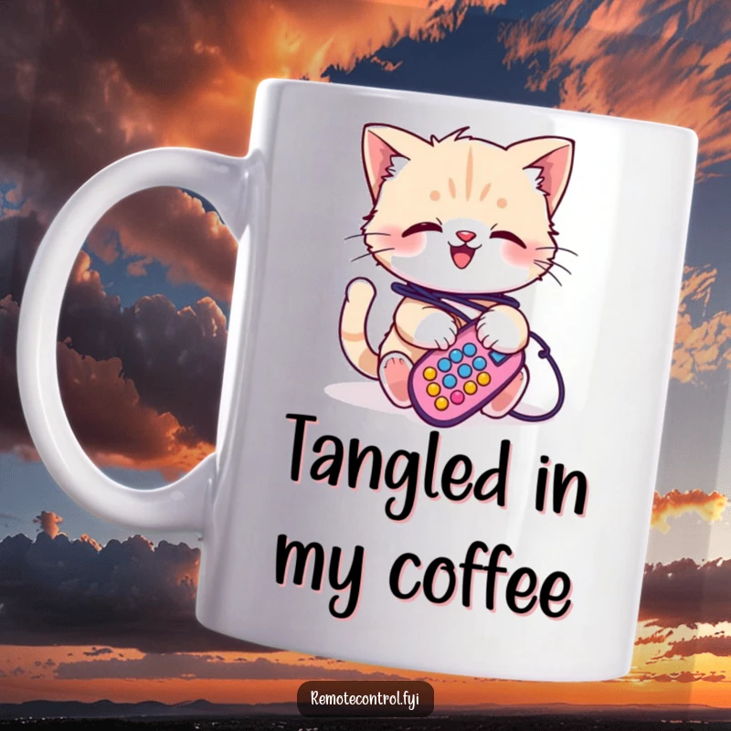 Funny kitten mug, a giggling kitten is comically tangled in the colorful wires of a television remote control, looking amused.