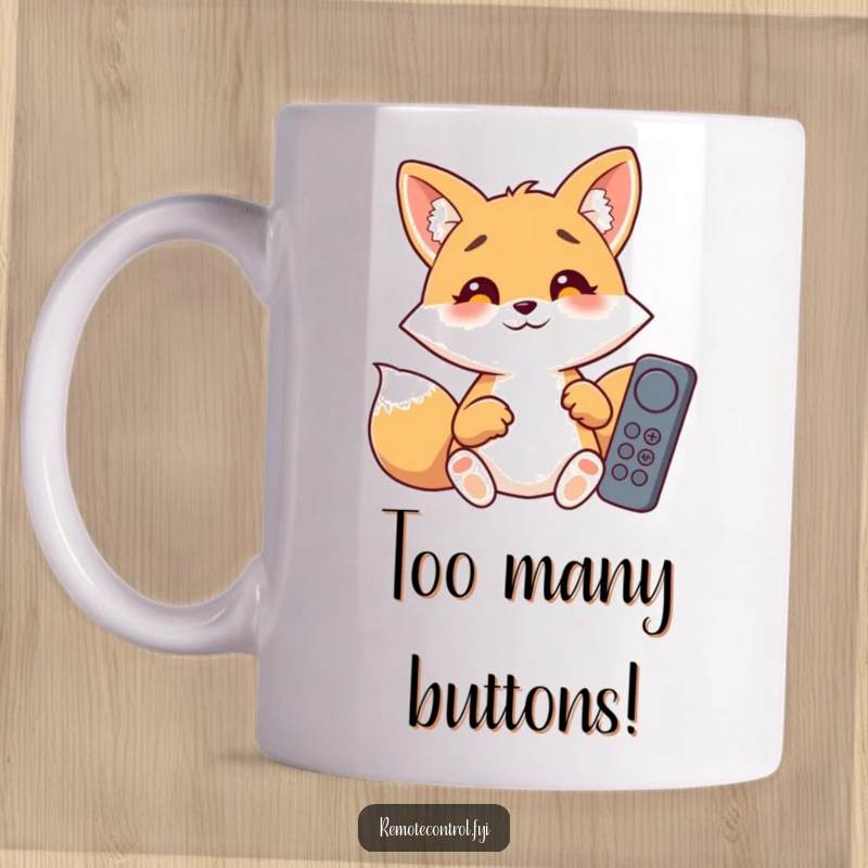 Funny giggling fox with wide, amazed eyes, hilariously fumbling with numerous buttons on multiple remote controls.