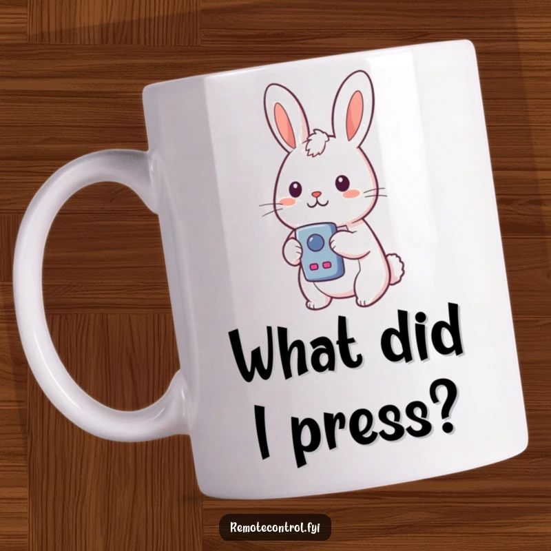 Funny Kawaii Rabbit Mug: A surprised rabbit holding a remote control, eyes wide at an unexpected button.