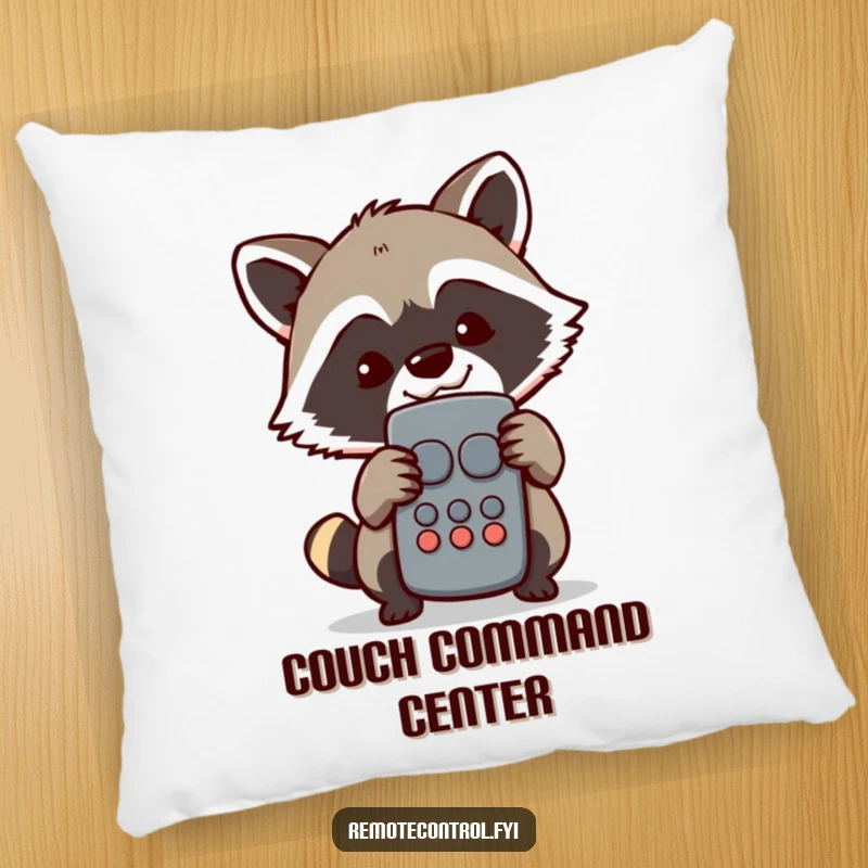 Funny Raccoon Pillow: Mischievous raccoon peeking from behind a TV remote, softly grinning, adding a humorous touch to any cushion.
