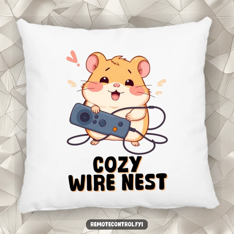 Funny pillow with a silly hamster tangled in wires, holding a remote with a happy sigh, offering comfort and tech humor.