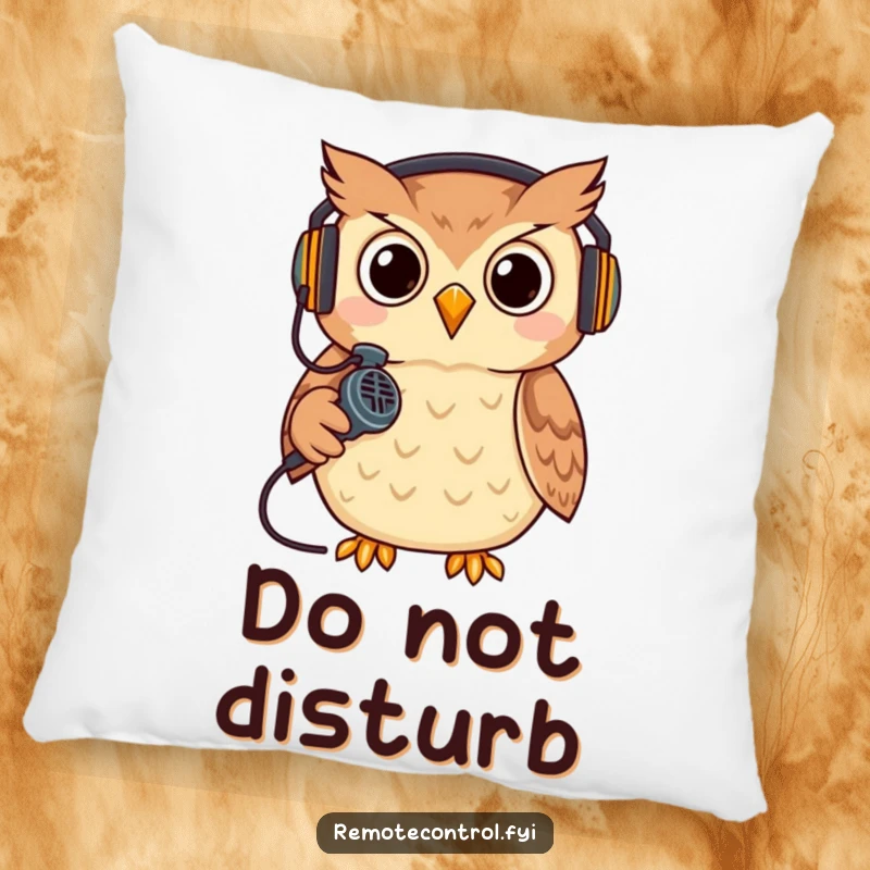 Funny owl wearing a headset, holding a remote like a microphone, gaming. Soft funny pillow.