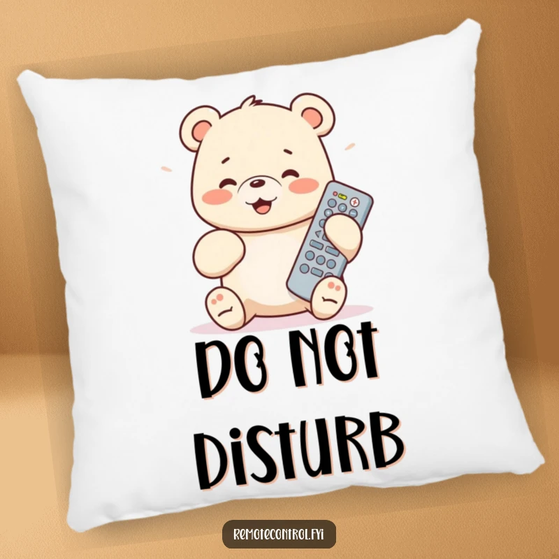 Funny bear cub pillow showcasing a cub's ecstatic button-pressing with a remote, offering comfort and laughs.