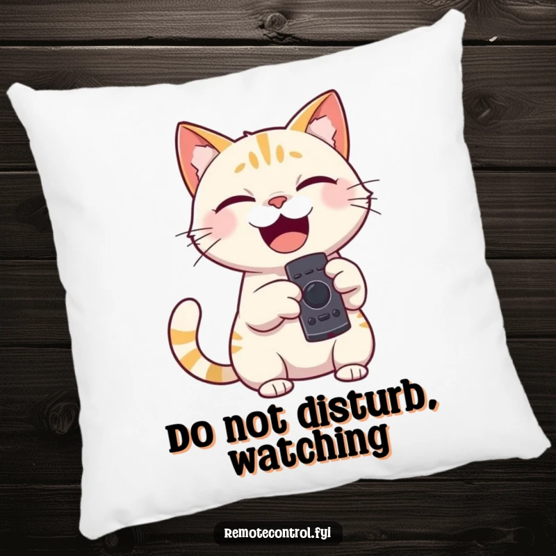 Funny pillow with a giggling cat character holding a remote control, pointing it playfully, offering comfort and screen time fun.