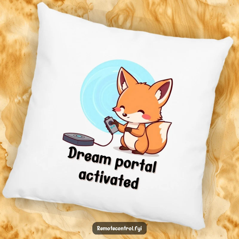 Funny fox pillow, a curious fox aiming a remote at a swirling portal, perfect for cozy, imaginative lounging.