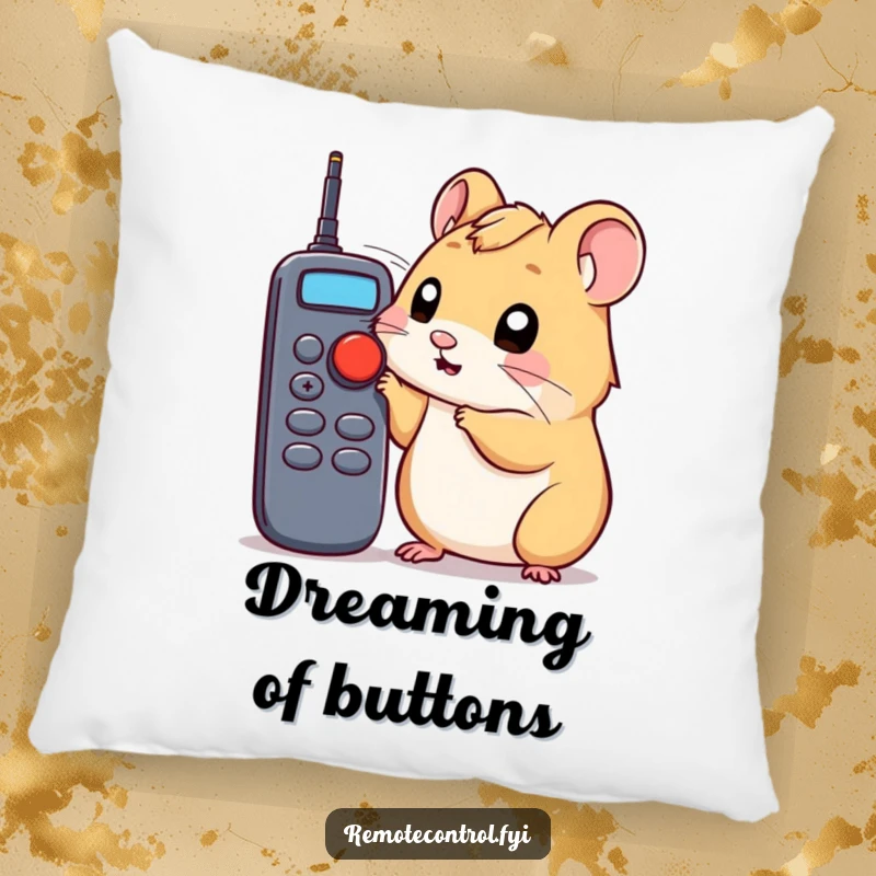 Funny hamster pillow with a curious hamster poking a remote control button, a humorous and comforting home item.