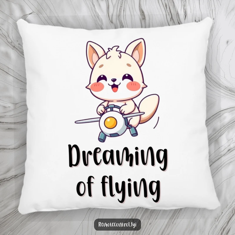 Funny pillow featuring a happy animal character with focused joy, controlling a flying toy and bringing a smile.