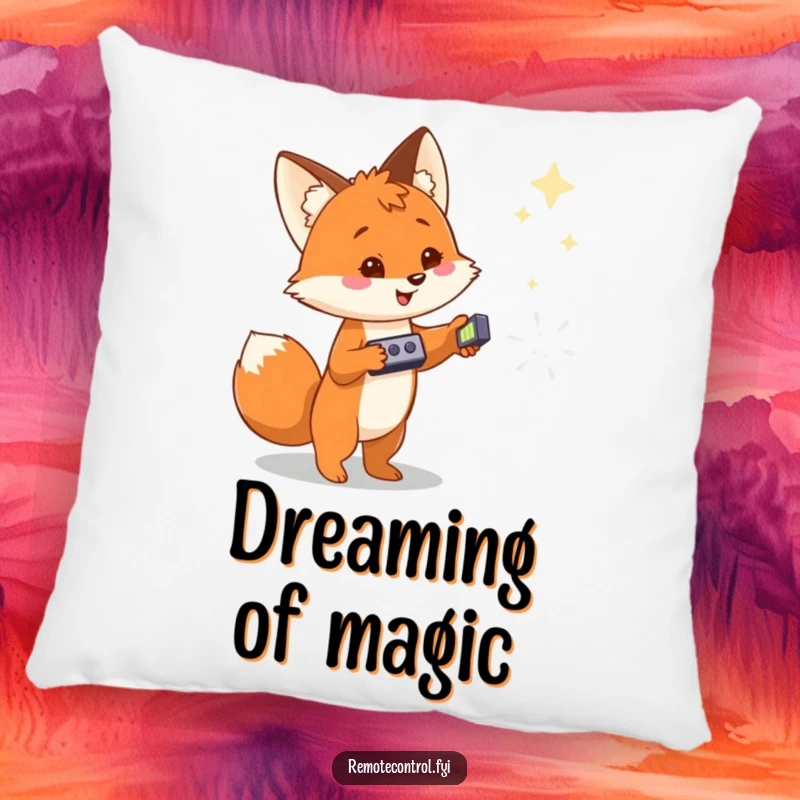 Funny pillow with a cheerful fox pointing a remote at a magical object, offering comfort and enchanting humor.