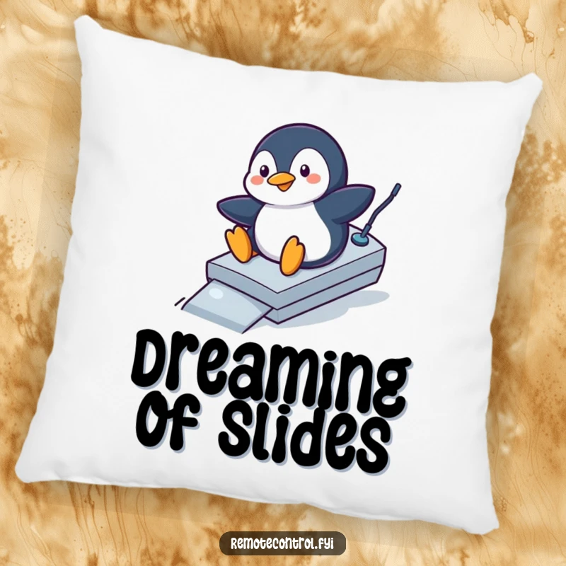 Funny penguin pillow with a playful penguin sliding down a remote control like a ramp, a humorous and comforting home item.