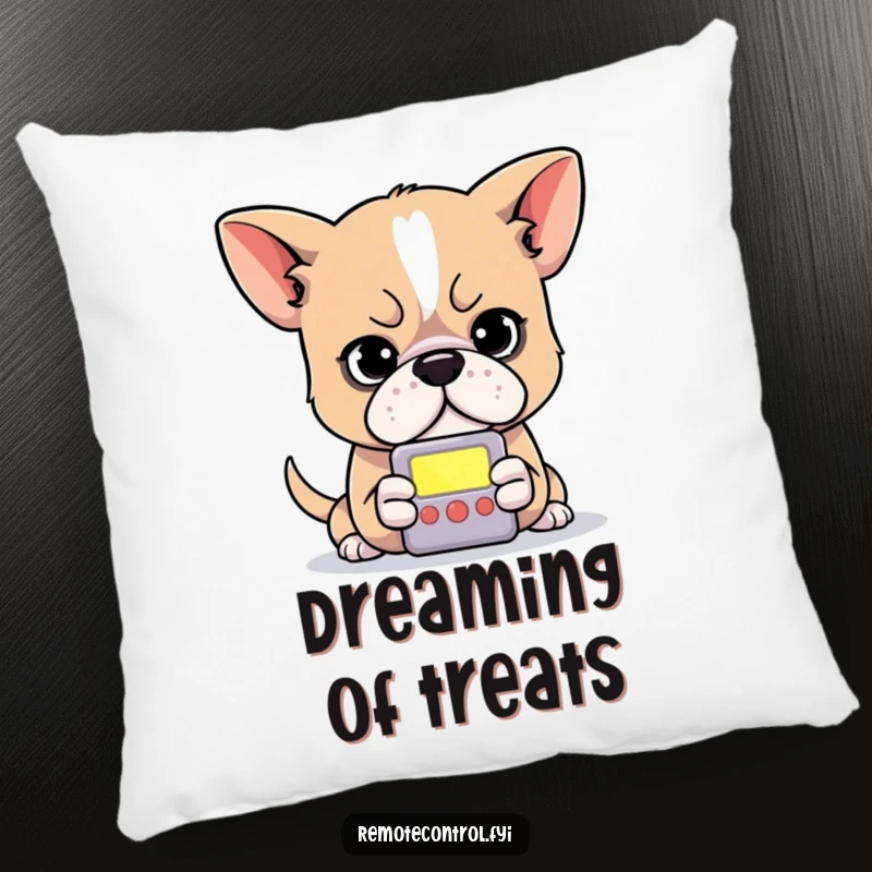 Funny dog pillow featuring a determined dog intently focused on the small, glowing screen of a remote control.