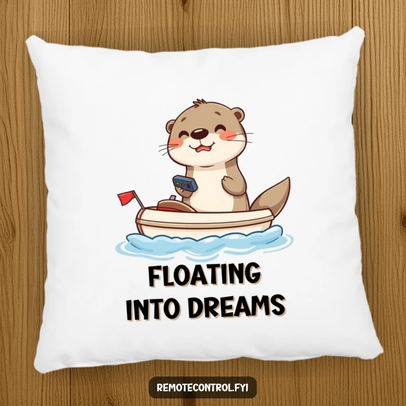 Funny otter pillow with a joyful otter using a remote to steer a toy boat, a humorous and comforting home item.
