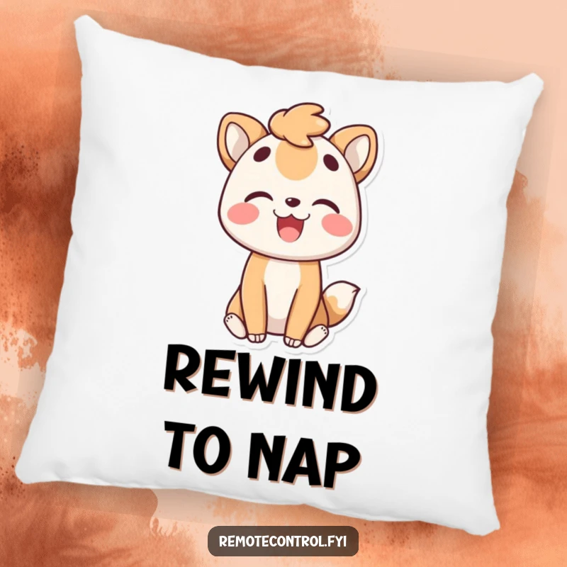 Funny pillow featuring a joyful animal character pleasedly rewinding a moment, perfect for adding comfort and happy vibes.