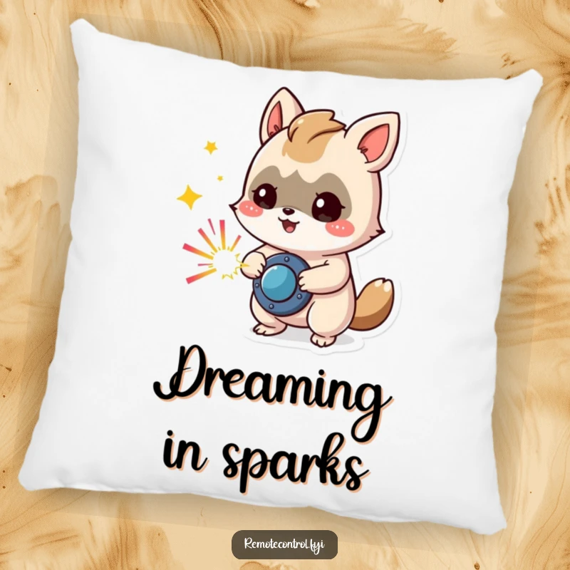 Funny pillow featuring a mischievous animal character pressing a button, releasing colorful sparks, perfect for adding a playful accent.