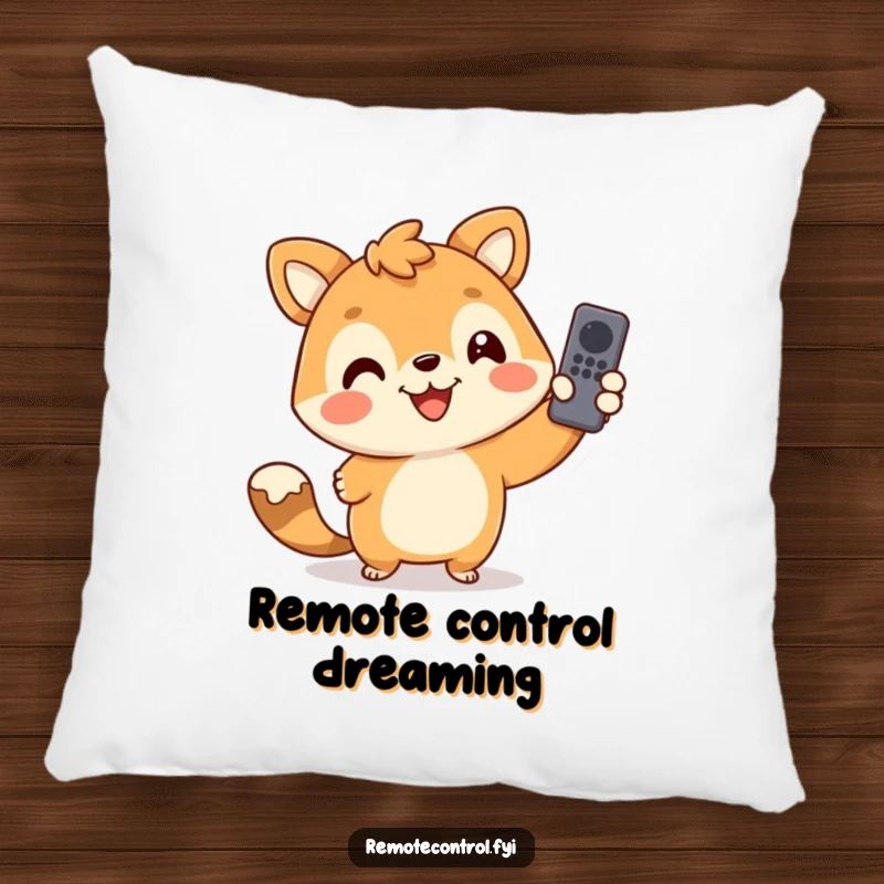 Funny pillow showcasing a smiling animal character playfully directing a TV remote, bringing a touch of comedic relaxation to any space.