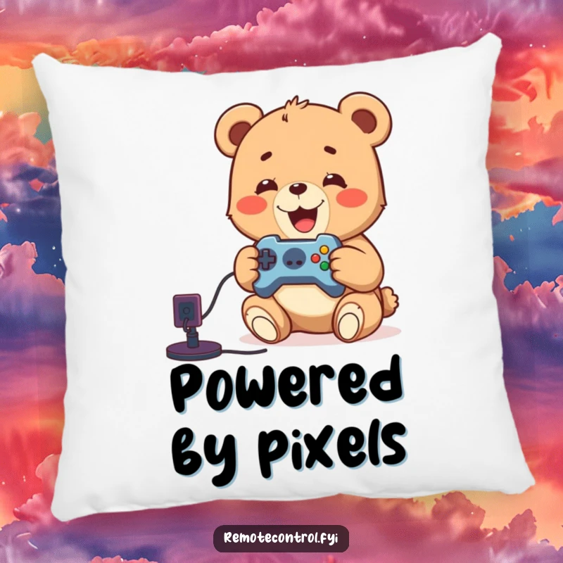 Funny pillow with a delighted bear cub playing video games, remote in hand, offering comfort and gamer humor for your space.