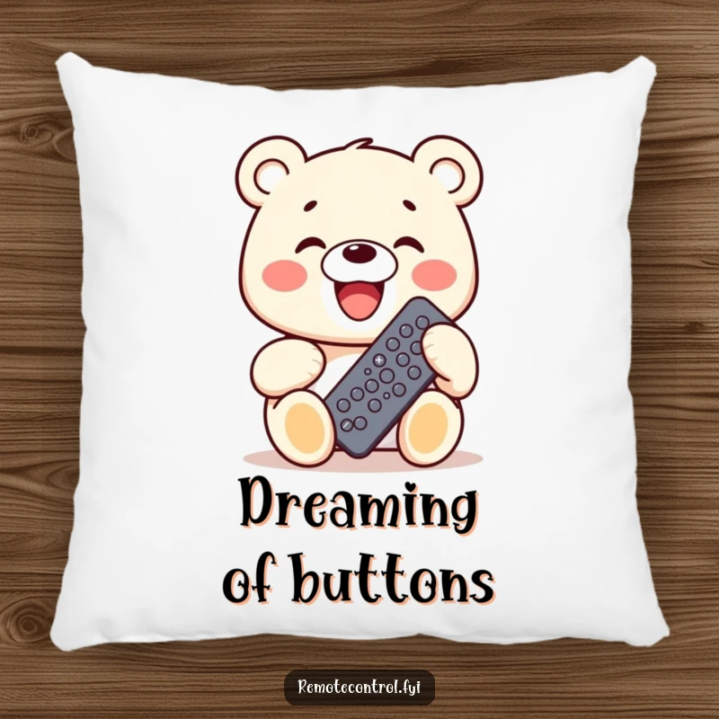 Funny Kawaii Bear Pillow featuring a bear grinning widely while holding a remote control with many buttons, for cozy control.
