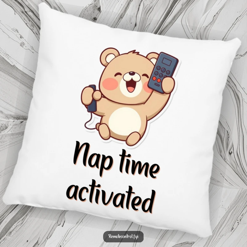 Funny pillow featuring a delighted bear character holding a remote control upside down, looking cheerful. Soft and humorous home accent.