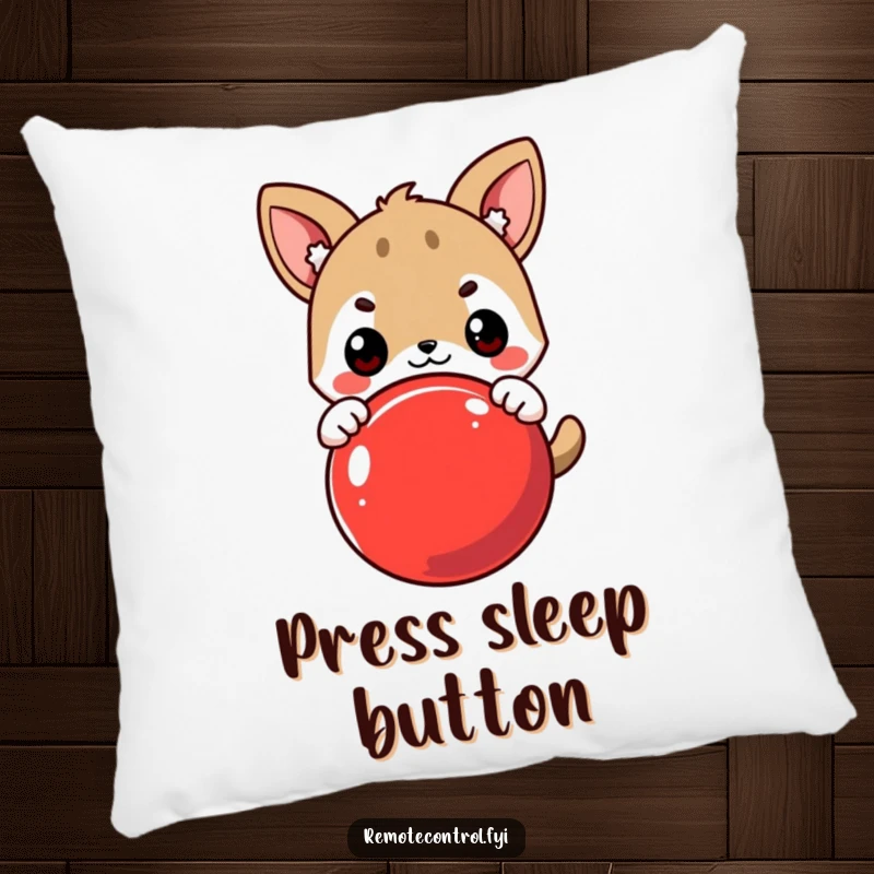 Funny Decorative Pillow: Cute Animal Character Eagerly Pressing a Large Red Button, Soft and Humorous Accent.