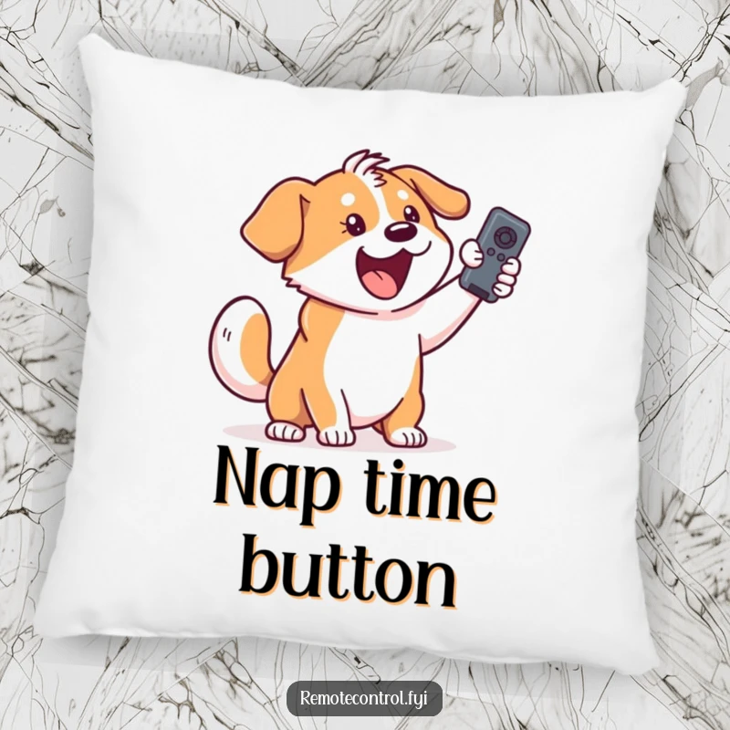 Funny dog pillow showcasing an excited dog holding a remote control, ready for cozy TV watching.