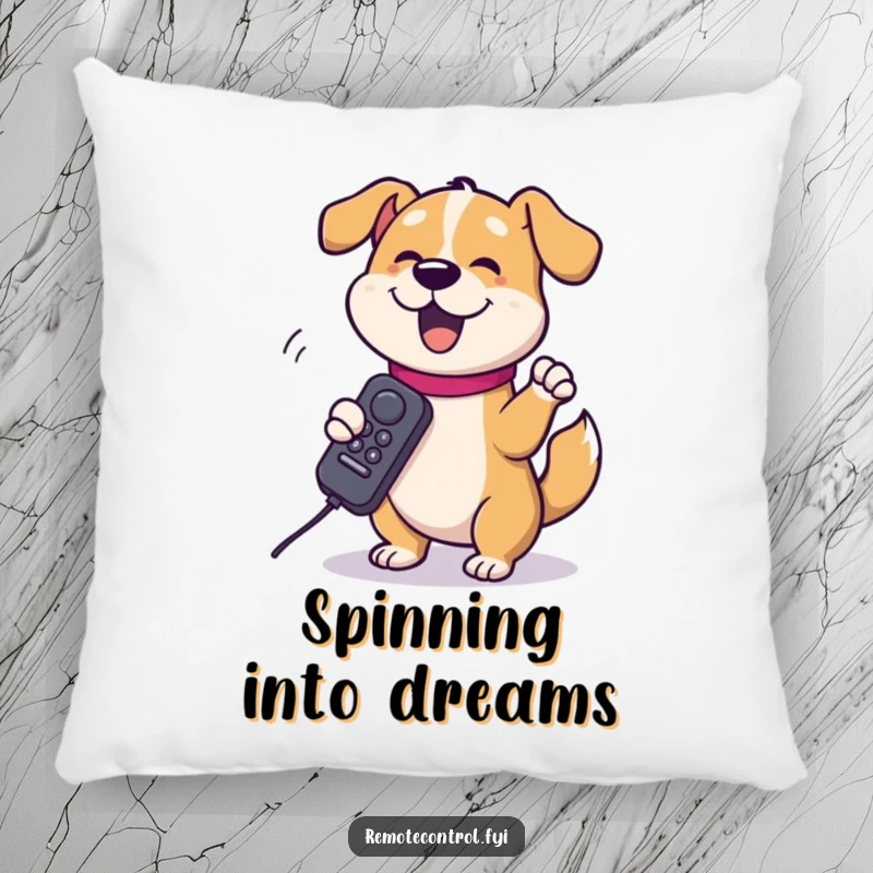 Funny dog character happily spinning a TV remote on its paw on a pillow, depicting a cute and comical scene of pet joy.