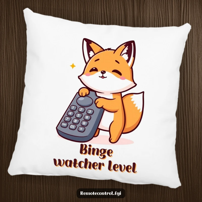 Funny Kawaii Fox Pillow featuring a cozy representation of a fox enthusiastically pressing buttons on a large remote.