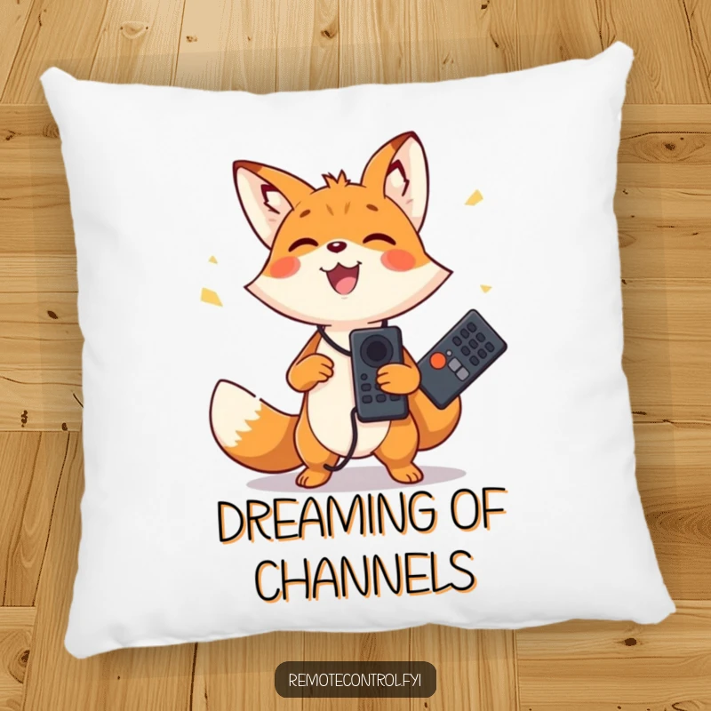 Funny pillow featuring a happy fox character joyfully juggling two remote controls. Soft and humorously decorative.