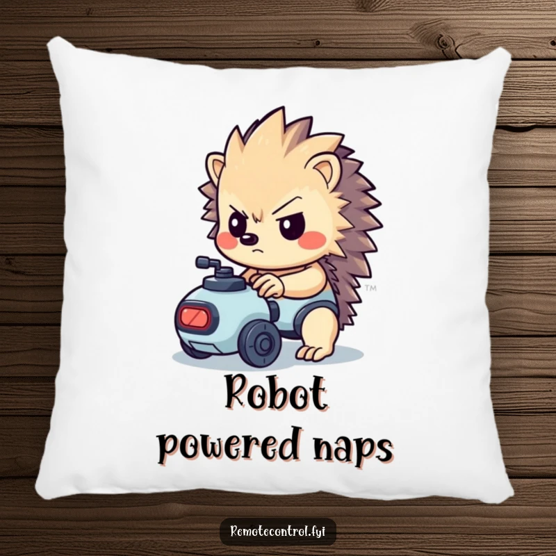 Funny kawaii hedgehog with a determined look controlling a tiny robot on a pillow.