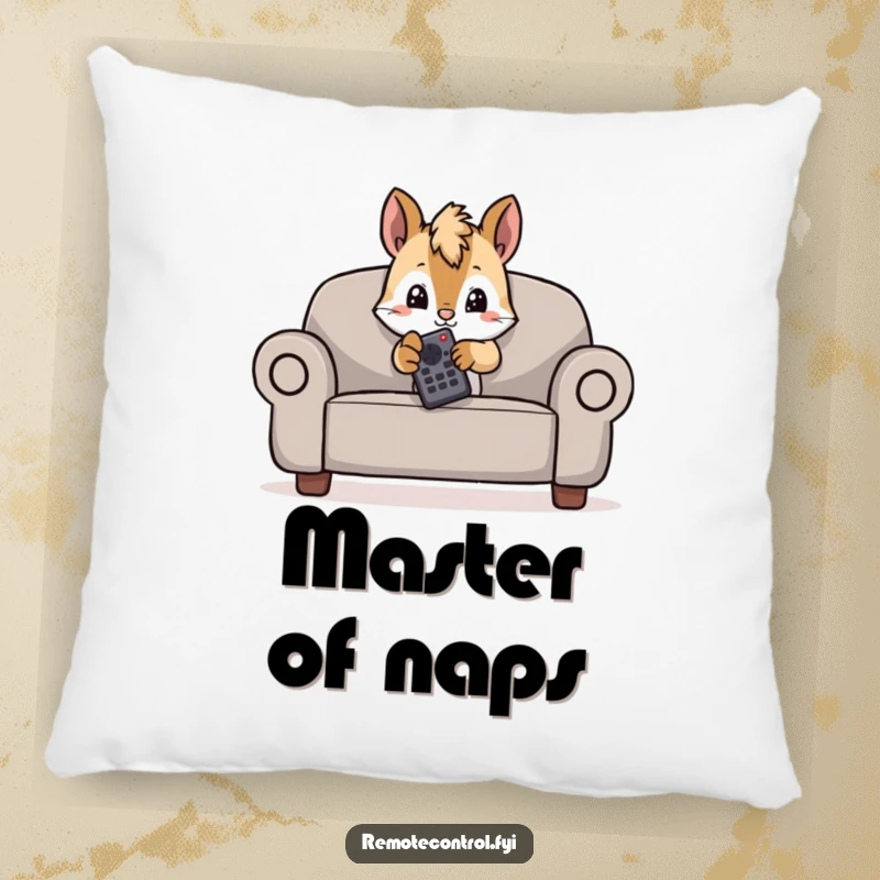 Funny pillow showcasing a mischievous squirrel hiding behind a couch, peeking out with a TV remote.