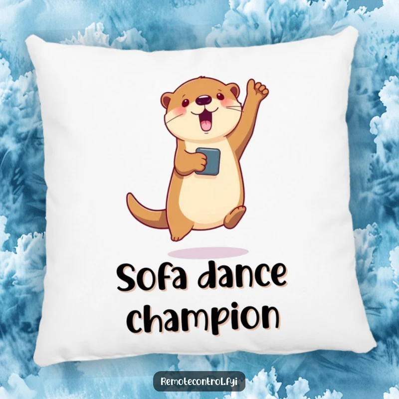 Funny pillow with a jumping otter holding a remote, making virtual characters dance, offering comfort and dance-themed humor.