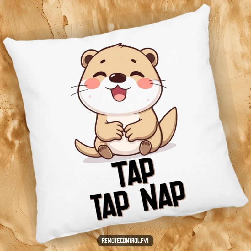 Funny pillow featuring a cheerful otter character joyfully and furiously tapping a multitude of buttons with a big smile.